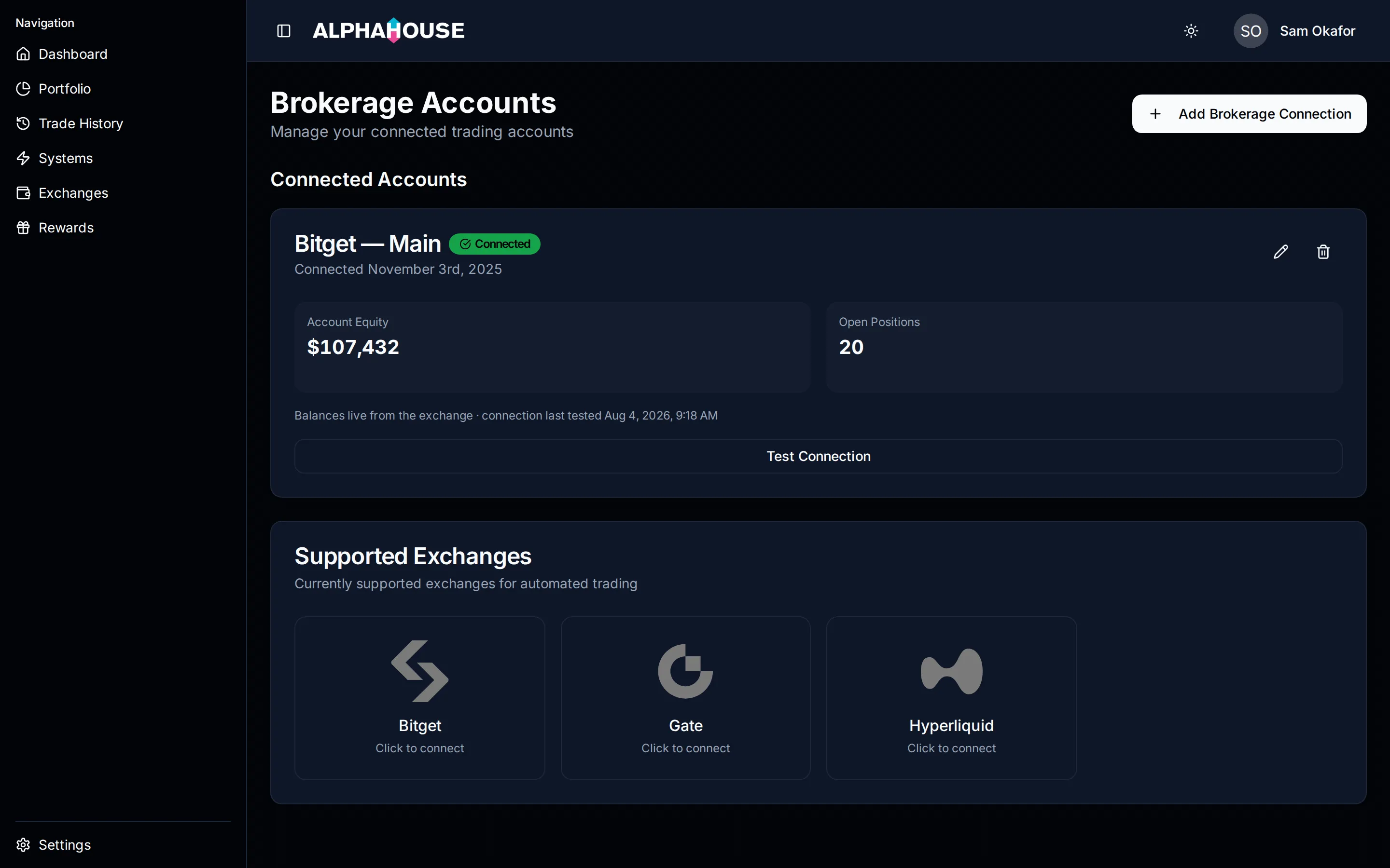 A connected Bitget card on the Exchanges page: Connected badge, Account Equity and Open Positions tiles, last-tested line, Test Connection button.