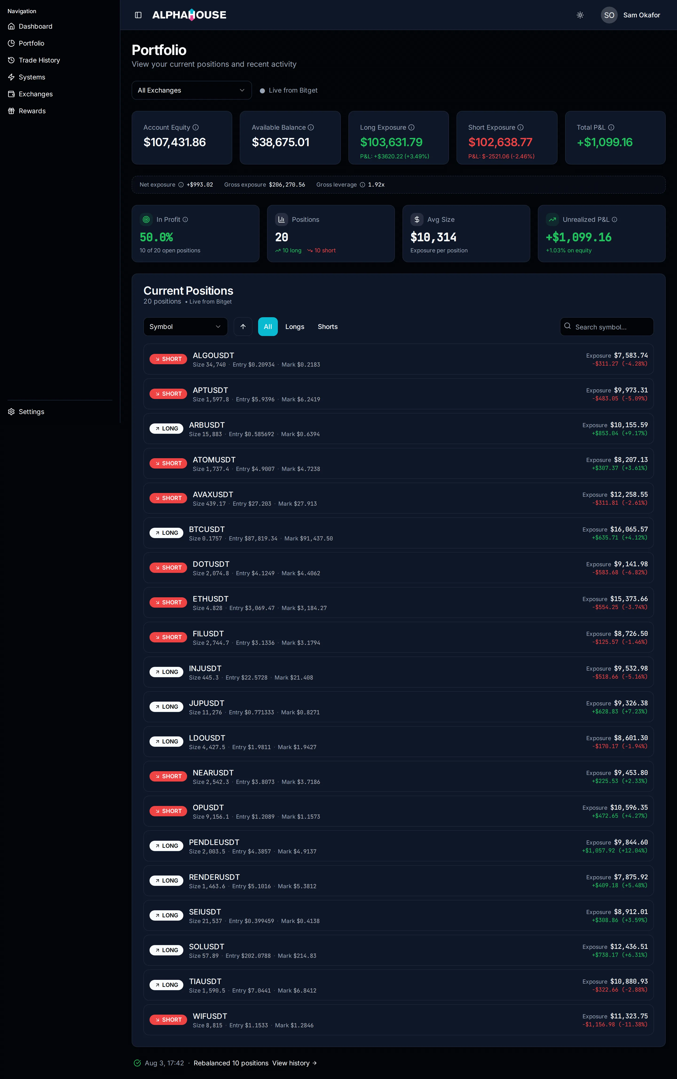 The Portfolio page: five summary tiles, the book-posture strip, position metrics, and a list of twenty open long and short positions.