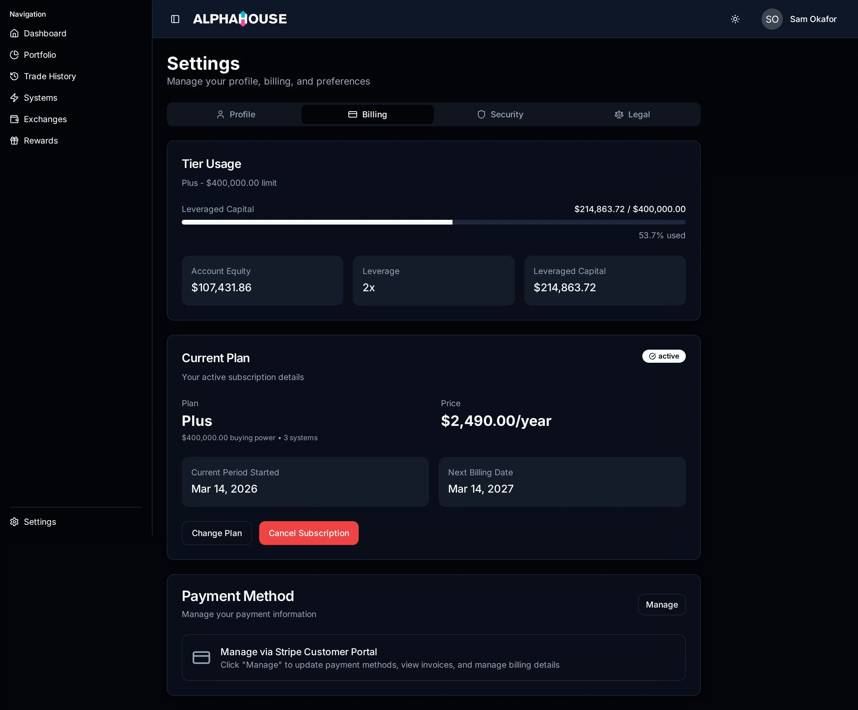 Settings with the Billing tab selected: the four tabs, a Tier Usage card showing leveraged capital against the plan limit, the Current Plan card with price and billing dates, and the Payment Method card.