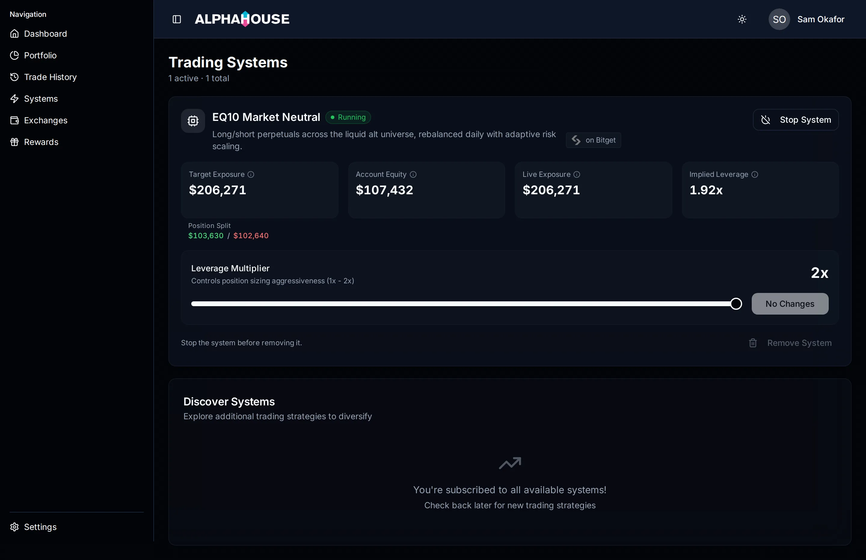 The Systems page: one subscribed system card showing its running badge, four metrics and leverage slider, with the Discover Systems section beneath it.